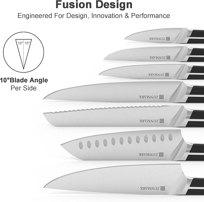 ZUNMARK Kitchen Knife Set, 14 PCS Knife Sets for Kitchen with Block, X50CrMoV15 High Carbon German Steel Knife Set with 6X Serrated Steak Knife, Heavy