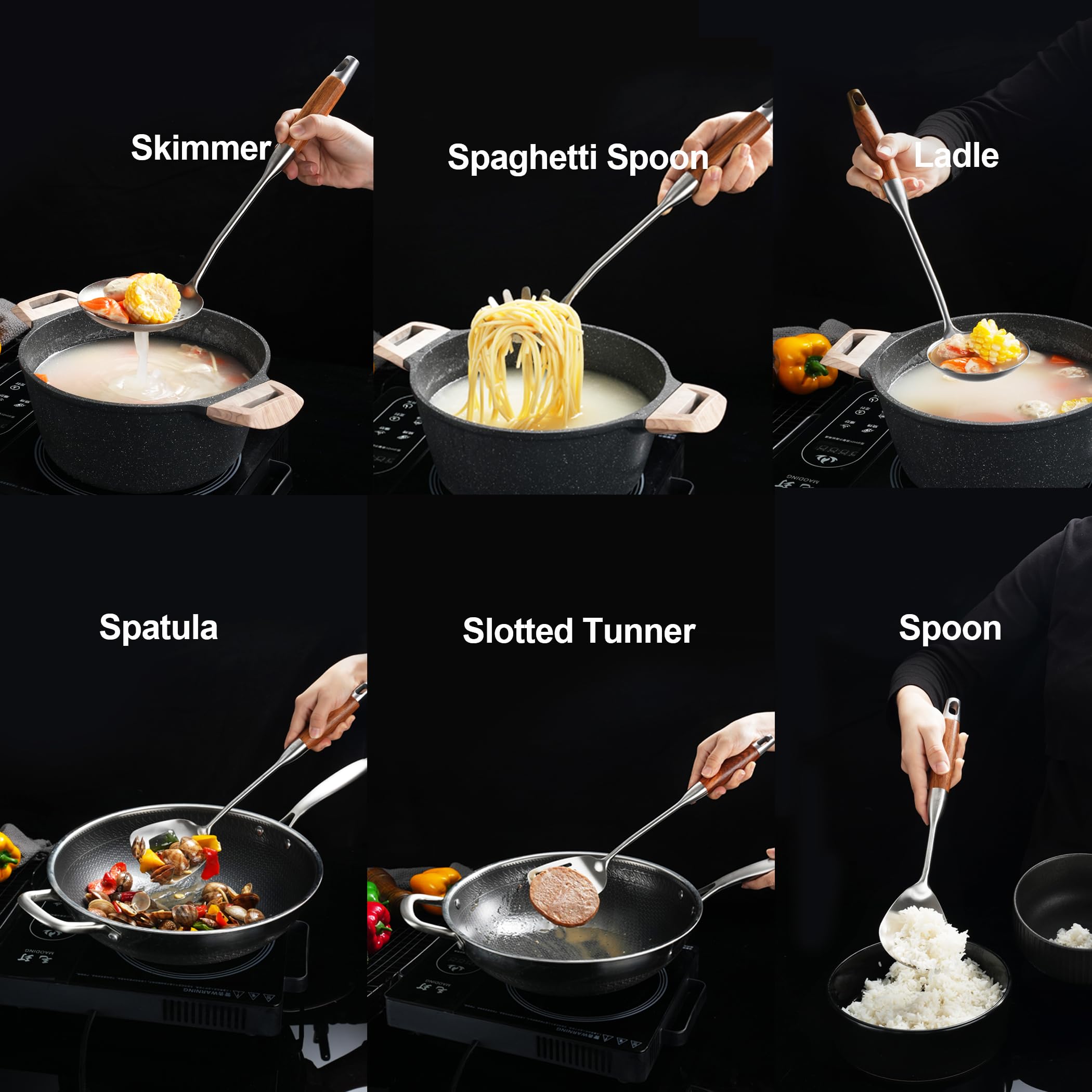 NIITAWH Stainless Steel Kitchen Utensils Set for Cooking Wooden Handle