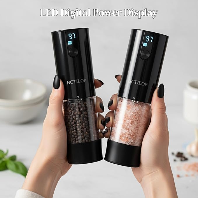 BCTILOP 2Pack Electric Salt and Pepper Grinder Set with Power Display, USB Rechargeable Automatic Salt & Pepper Mills, Adjustable Coarseness, 120ml Larger Capacity with LED Light (Black Set)