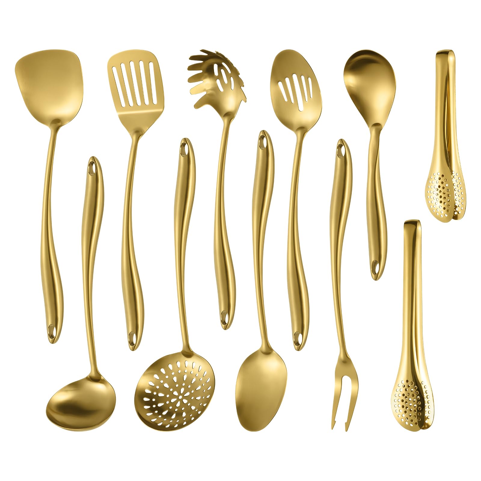 304 Stainless Steel Matte Kitchen Utensils Set, 11 Pcs Long Metal Cooking Utensils Set, Gold Cooking Utensils Set, Dishwasher Safe