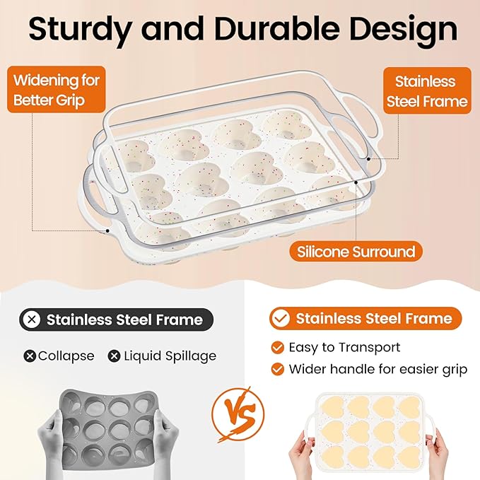 Fimary Premium Silicone Heart-Shaped Baking Mold with Metal Reinforced Frame – 1 Pack Non-Stick Cupcake & Muffin Pan for Baking Chocolate, Egg Bites & Brownies – BPA Free, Dishwasher & Oven Safe