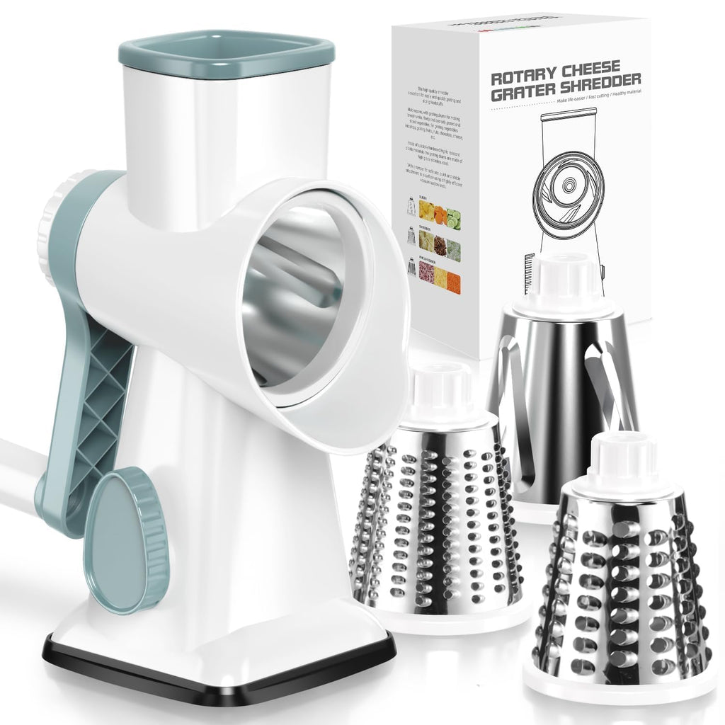 KEOUKE Rotary Cheese Grater Hand Crank White - Shredder Slicer Grinder 3 Stainless Steel Blades, Stable Suction, Labor-Saving Handle, Safe Kitchen Tool for Cheese, Vegetable, Nuts, Chocolate
