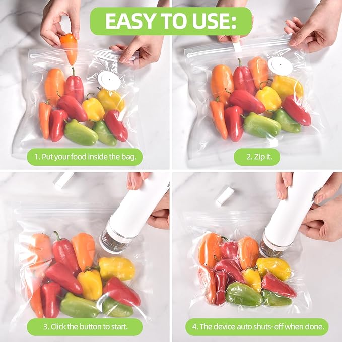 VENMATE Reusable Vacuum Sealer Bags, 15 Pack BPA-Free 8×8 Inch, Heavy-Duty Commercial Grade, Leak-Proof, Freezer Microwave Sous Vide Safe (White Vacuum Sealer + 30 Bags)
