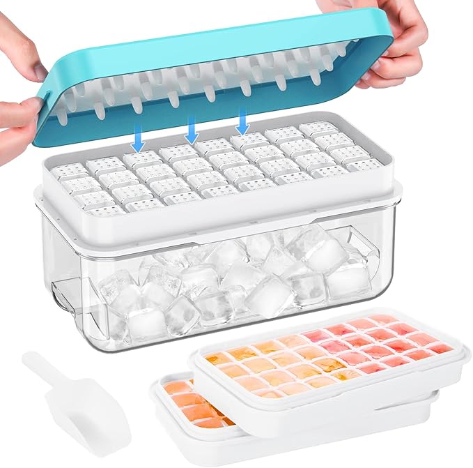 PHINOX Ice Cube Tray with Lid and Bin, Easy Release 56 Cubes for Freezer