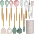 oannao Silicone Cooking Utensils Set - 446°F Heat Resistant Silicone Kitchen Utensils for Cooking,Kitchen Utensil Spatula Set w Wooden Handles, BPA FREE Gadgets for Non-Stick Cookware (Colorful)