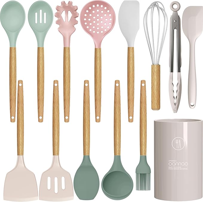 oannao Silicone Cooking Utensils Set - 446°F Heat Resistant Silicone Kitchen Utensils for Cooking,Kitchen Utensil Spatula Set w Wooden Handles, BPA FREE Gadgets for Non-Stick Cookware (Colorful)