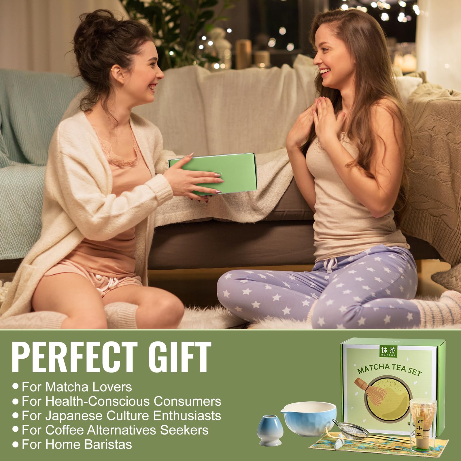 Matcha Whisk Set 7 Pcs Matcha Sets Blue, matcha Kit with Bowl, Whisk and Holder, Bamboo Scoop, Scoop Rest, Sifter & Tea Towel, Tea Gifts for Matche Lovers Making Breakfast Latte