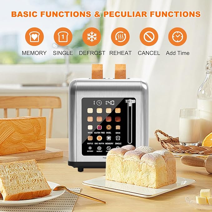2 Slice Toaster Touch Screen, Stainless Steel Toasters Digital Timer 2 Slot Toasters, 8 Shade Settings 6 Bread Types for Bagel, Cancel, Defrost（Silver）
