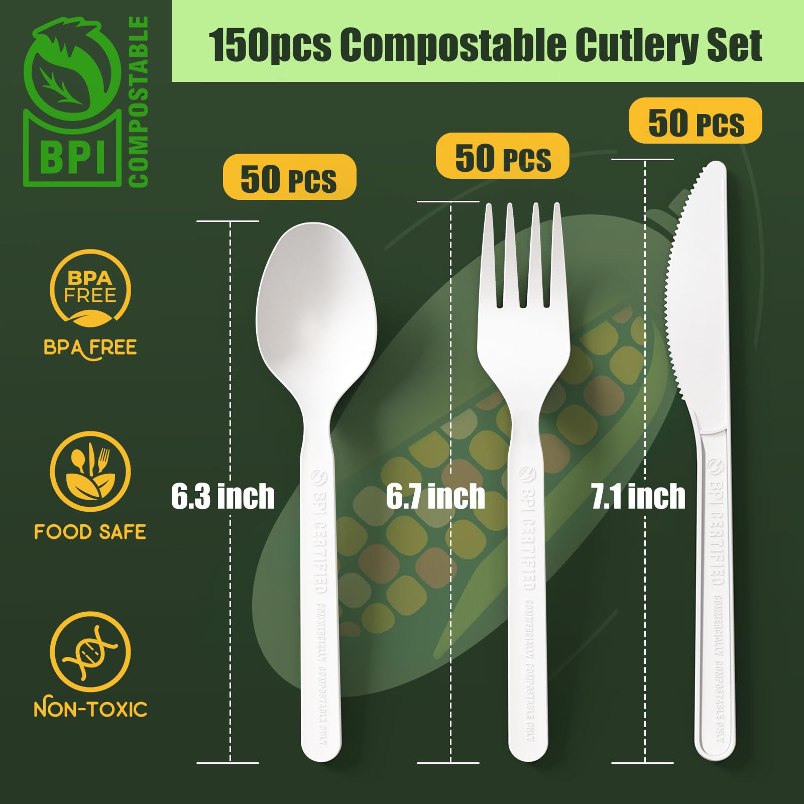 Gezond 150 Count 100% Compostable Cutlery Set, Forks Spoons Knives PLA Disposable Cutlery Set, No Plastic Biodegradable Eco-Friendly Utensils Suitable for Party Picnic Office Everyday Use