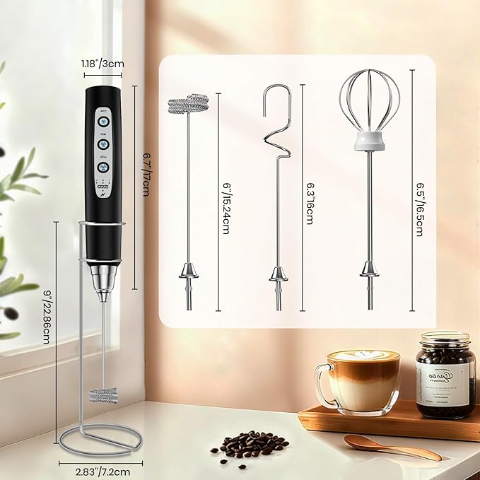 Colarlemo Milk Frother Handheld Rechargeable with Stand, Frother Wand Drink Mixer Electric Whisk for Coffee, Detachable With 3 Stainless Whisks, Hand Mixer for Lattes, Cappuccino, Matcha, Egg, Black