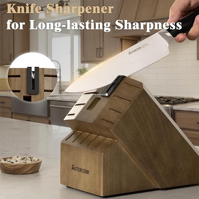 Astercook Knife Set, Kitchen Knives Set with Block and Sharpener Full Tang 17 Pcs German Stainless Steel Knives Sharp Blade Dishwasher Safe Premium Knife Set, Black Father Day Gifts for Men