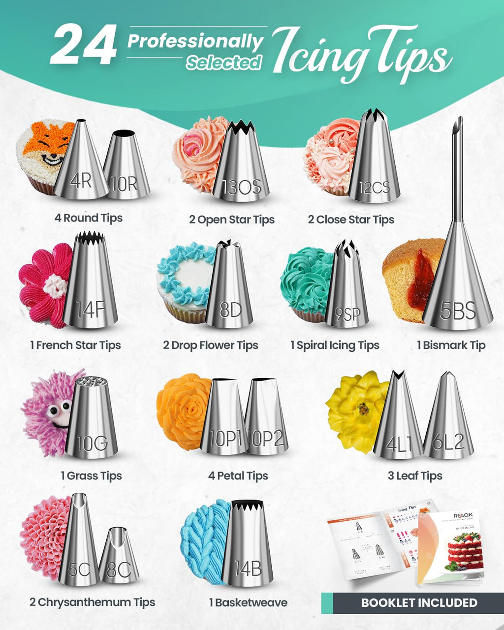 RFAQK 90PCs Cake Decorating Kit for Beginners, Baking Supplies Includes Cake Turntable, Cake Leveler, 24 Icing Piping Tips, 56 Piping Bags, 2 Couplers, Spatulas, Scrapers, Video Course and Booklet