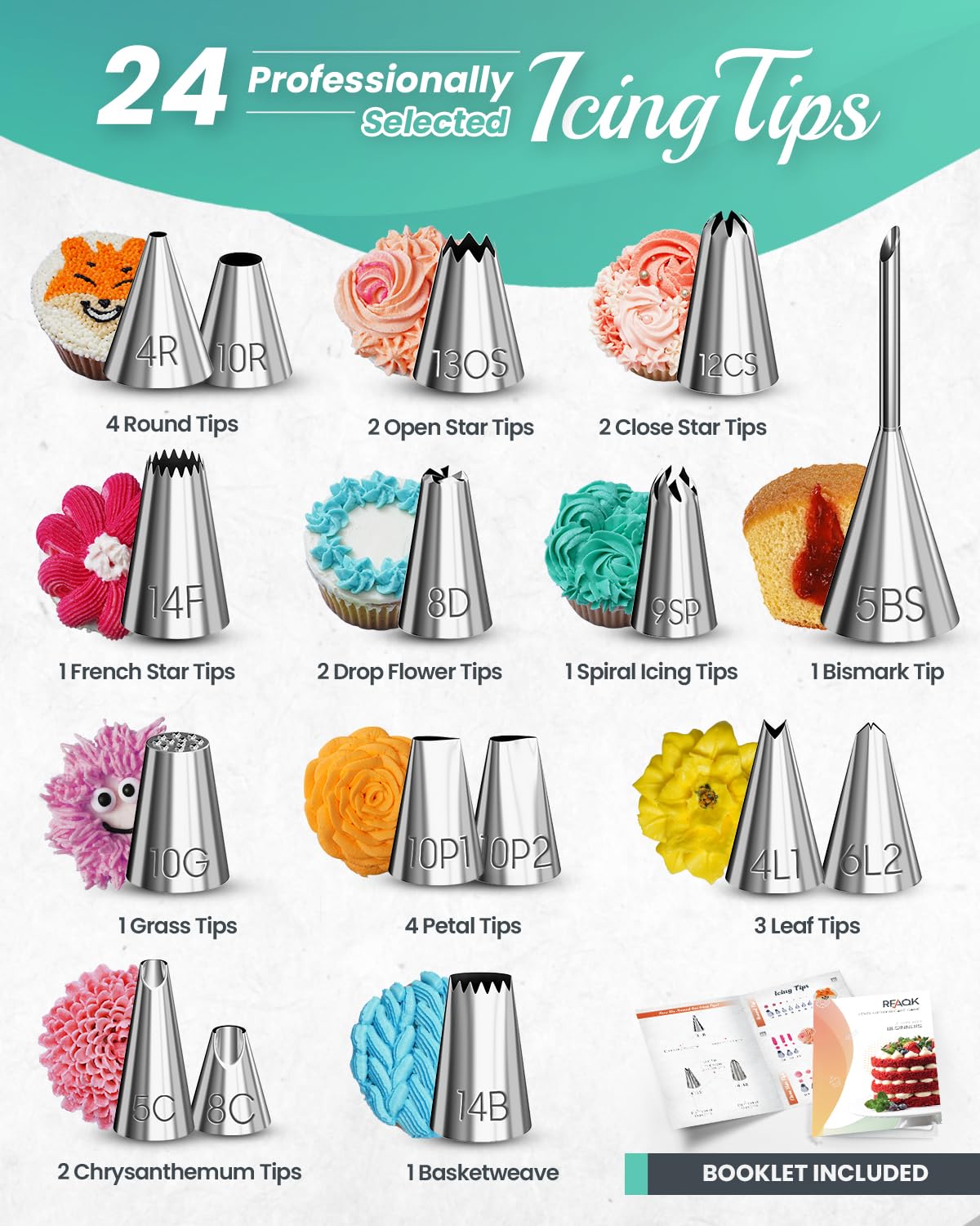 RFAQK 90PCs Cake Decorating Kit for Beginners, Baking Supplies Includes Cake Turntable, Cake Leveler, 24 Icing Piping Tips, 56 Piping Bags, 2 Couplers, Spatulas, Scrapers, Video Course and Booklet