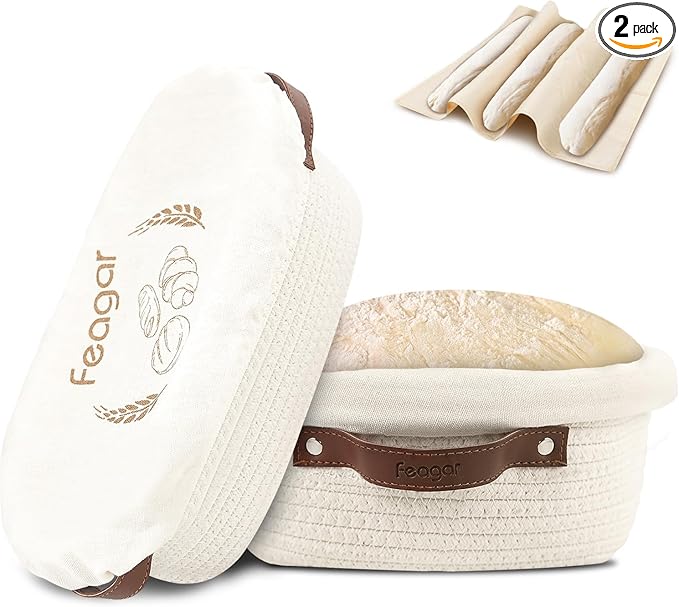 Feagar Bread Proofing Basket Set: XL 11.5” Banneton Holds 1000g Dough, Includes Multi-Purpose Proofing Cloth for Baguettes, Round Loaf & Sourdough Bread Baking Supplies | 2-Pack with Liners & Covers