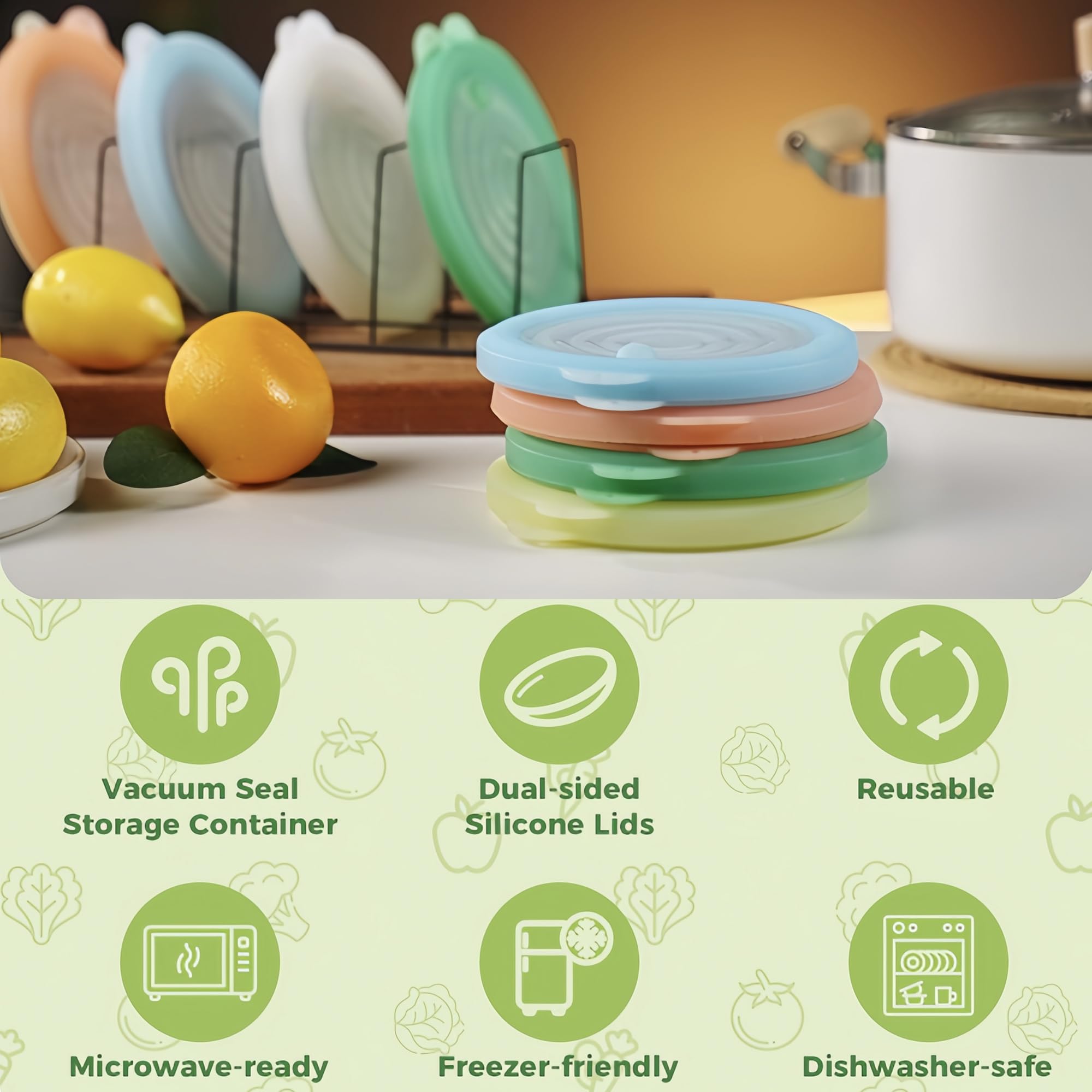 Silicone Reusable Vacuum-Seal Storage Containers for Fridge,Fresh Fruit,Vegetables,Garlic,Onions,Lemons,Potatoes,Meat,for Microwave Oven Heating,Freezer,Dishwasher,Avocado Saver,Tomato Holder,3 Pack