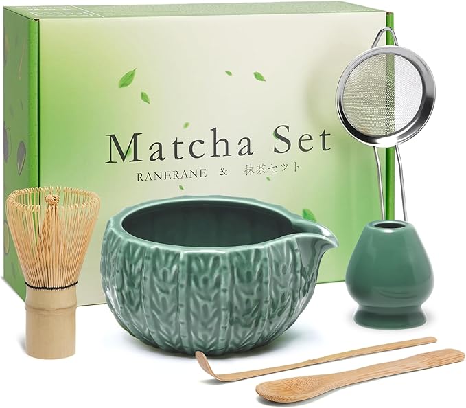 RANERANE 6-Piece Matcha Set, Matcha Whisk (Chasen) & Holder, Matcha Bowl with Spout, Sifter & Spoon, Bamboo & Ceramic, Dark Green