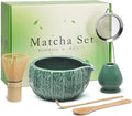 RANERANE 6-Piece Matcha Set, Matcha Whisk (Chasen) & Holder, Matcha Bowl with Spout, Sifter & Spoon, Bamboo & Ceramic, Dark Green