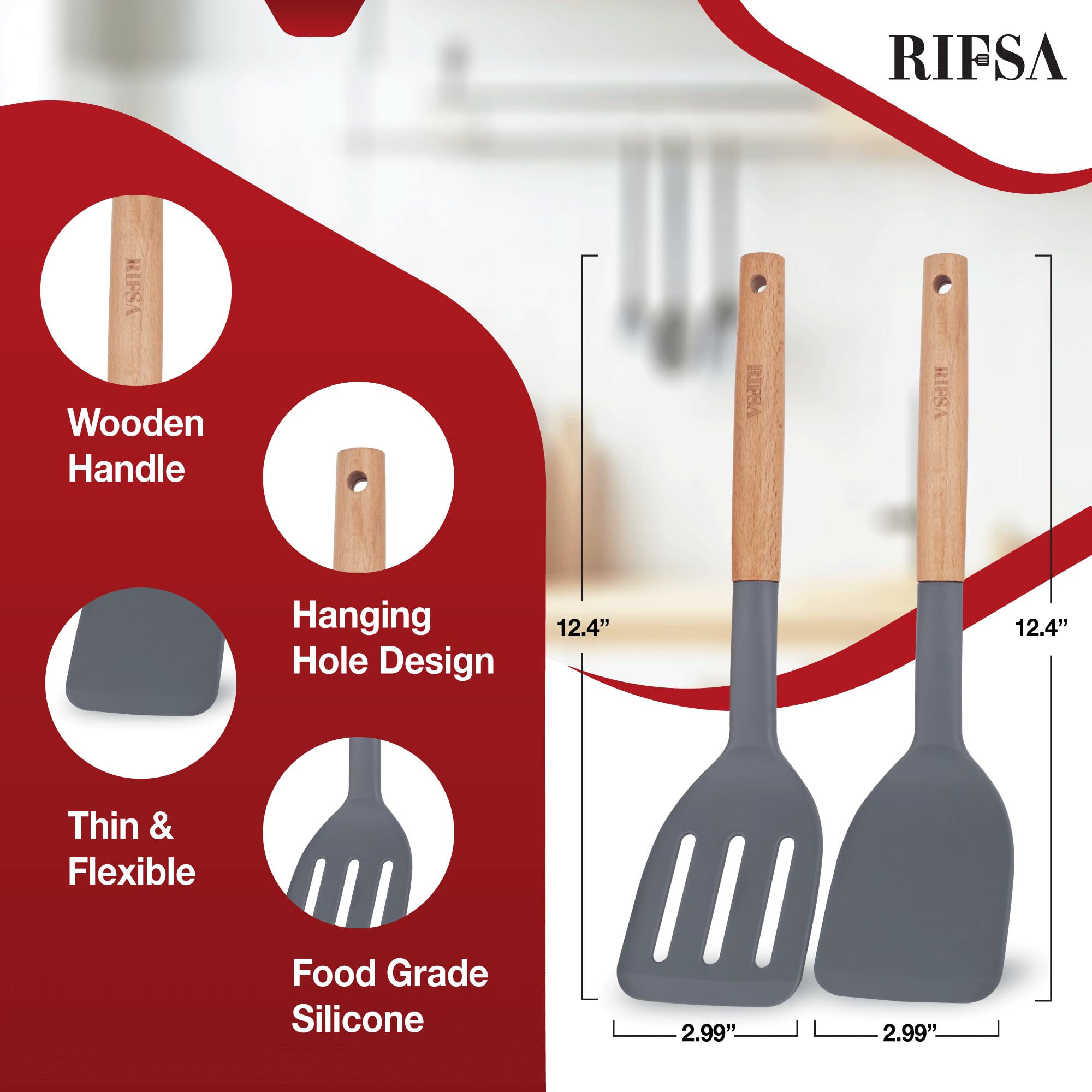 Silicone Spatulas for Non Stick Cookware, 2 Pack with Wooden Handle