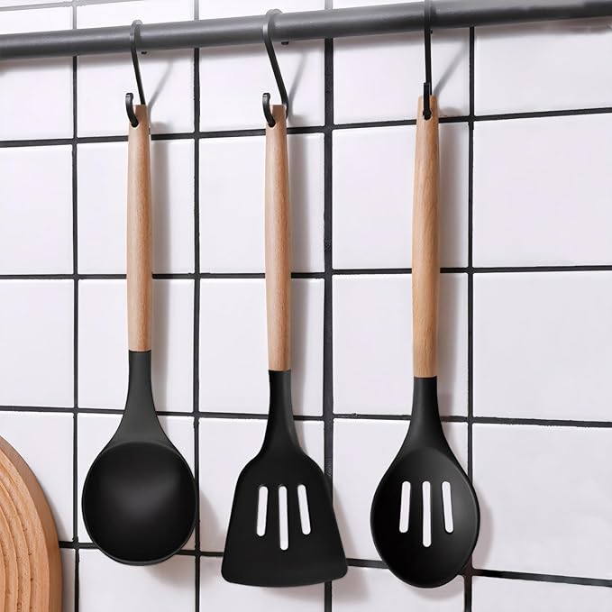 IOCBYHZ Silicone Cooking Utensils Set of 5, Heat Resistant Silicone Kitchen Utensils Set with Wooden Handle, BPA Free Spatula Spoon Turner Ladle Cooking Kitchen Gadgets for Nonstick Cookware & Baking