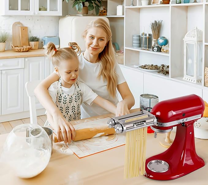 Pasta Maker Attachment for KitchenAid Mixer, 3-in-1 Metal Roller & Cutter