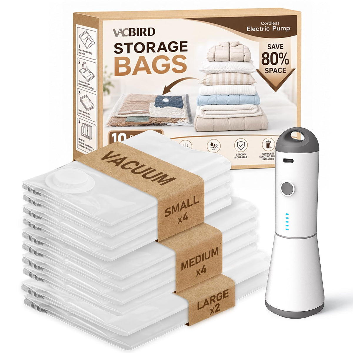 Vacbird Vacuum Storage Bags for Clothing Travel, 10 Pack Vacuum Bags with Rechargeable Cordless Air Pump(2 Large+4 Medium+4 Small), Compression Packing for Clothes Blanket Suitcase Luggage