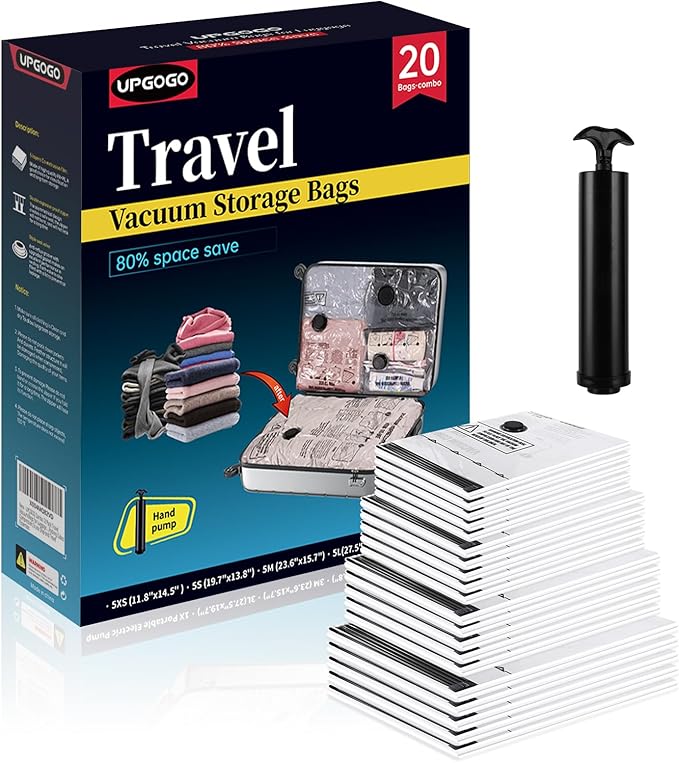 UPGOGO Travel Vacuum Bags for Luggage with Hand Pump,Vacuum Seal Bags for Clothing,Packing Cubes Compression,Cruise Ship and Travel Essentials(Combo 20 Pack)