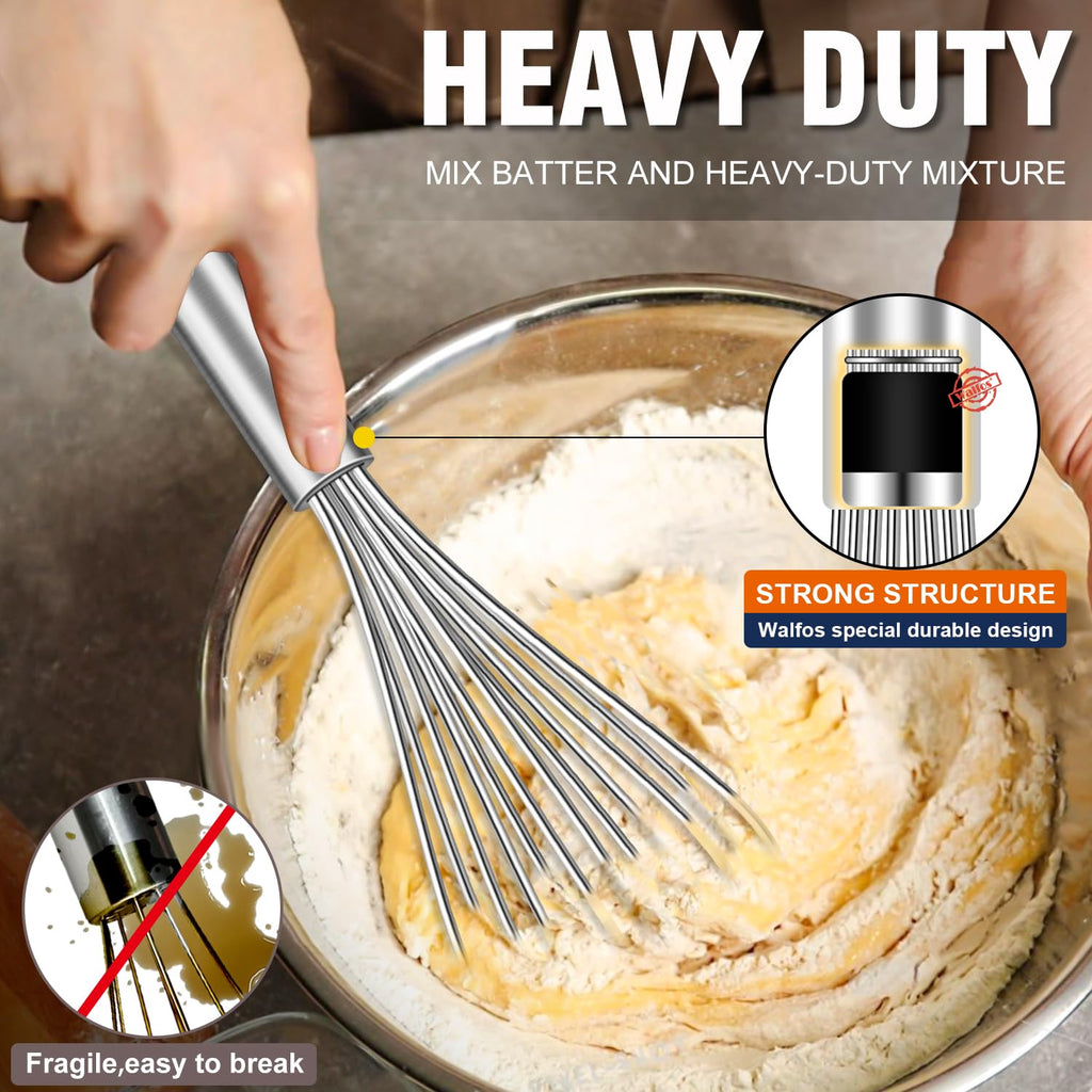 Walfos Whisk,304 Stainless Steel whisk,No-Rust 7+9+11inch Whisks for cooking Nice for Blending,Whisking,Beating.Heat resistant 600°F Dishwasher Safe. Heavy duty kitchen whisk.SILVER