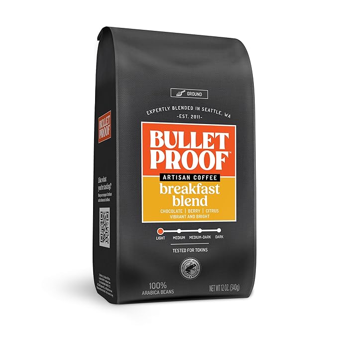 Bulletproof Breakfast Blend Light Roast Ground Coffee, 12 oz – Clean Coffee Tested for Toxins, Smooth Low-Bitter Taste, Notes of Chocolate, Orange & Berry, Keto & Fasting Friendly