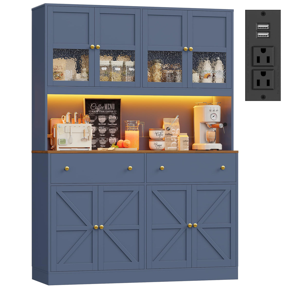 FINETONES 71" Pantry Cabinet with LED Light and Charging Station