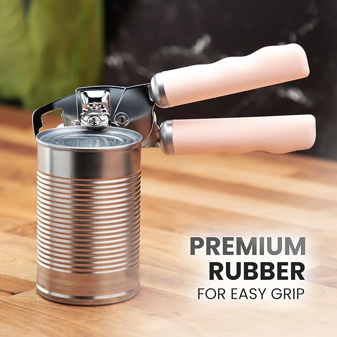 Zulay Kitchen Heavy Duty Stainless Steel Can Opener Manual with Bottle Opener - Rust Proof Manual Can Opener With Turn Knob & Comfy Soft Grip Handles - Apricot Peach