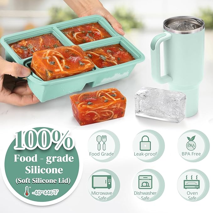 BIONMAPLE 2 PACK 1 Cup Silicone Freezer Trays With Lid For Freeze & Store Soup, Broth, Leftovers, Microwave-safe Soup Freezer Container - Green