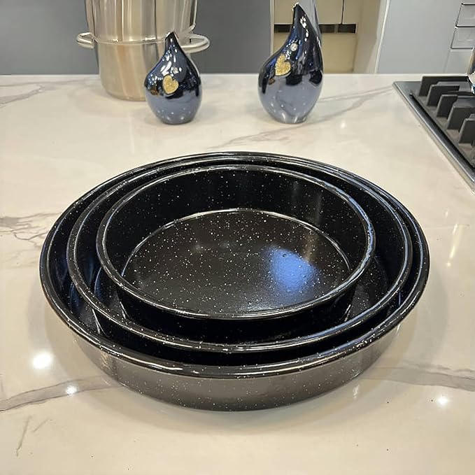 3-Pack Enamel Roasting Pan Set Round Deep Baking Pans10"/12"/14",Cake Pans Oven Trays High Performance Non-Toxic Pizza Pan Cookie Baking Sheets Oven Trays For Cooking Merry Christmas Gift for Mom