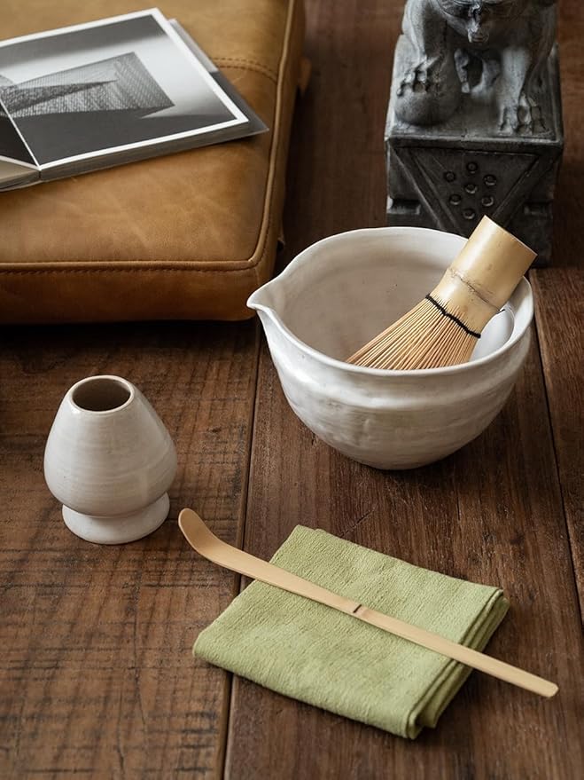 WUSEI Matcha Set with Handmade Ceramic Bowl & Bamboo Whisk, Pearl Gray,6-Pc