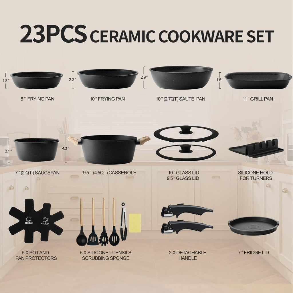 BECIGAR 23pcs Ceramic Pots and Pans Set, Nonstick Detachable Handle Cookware, Induction Kitchen Cooking Set with Removable Handle,include Frying Pans & Saucepans Oven Safe (Black)