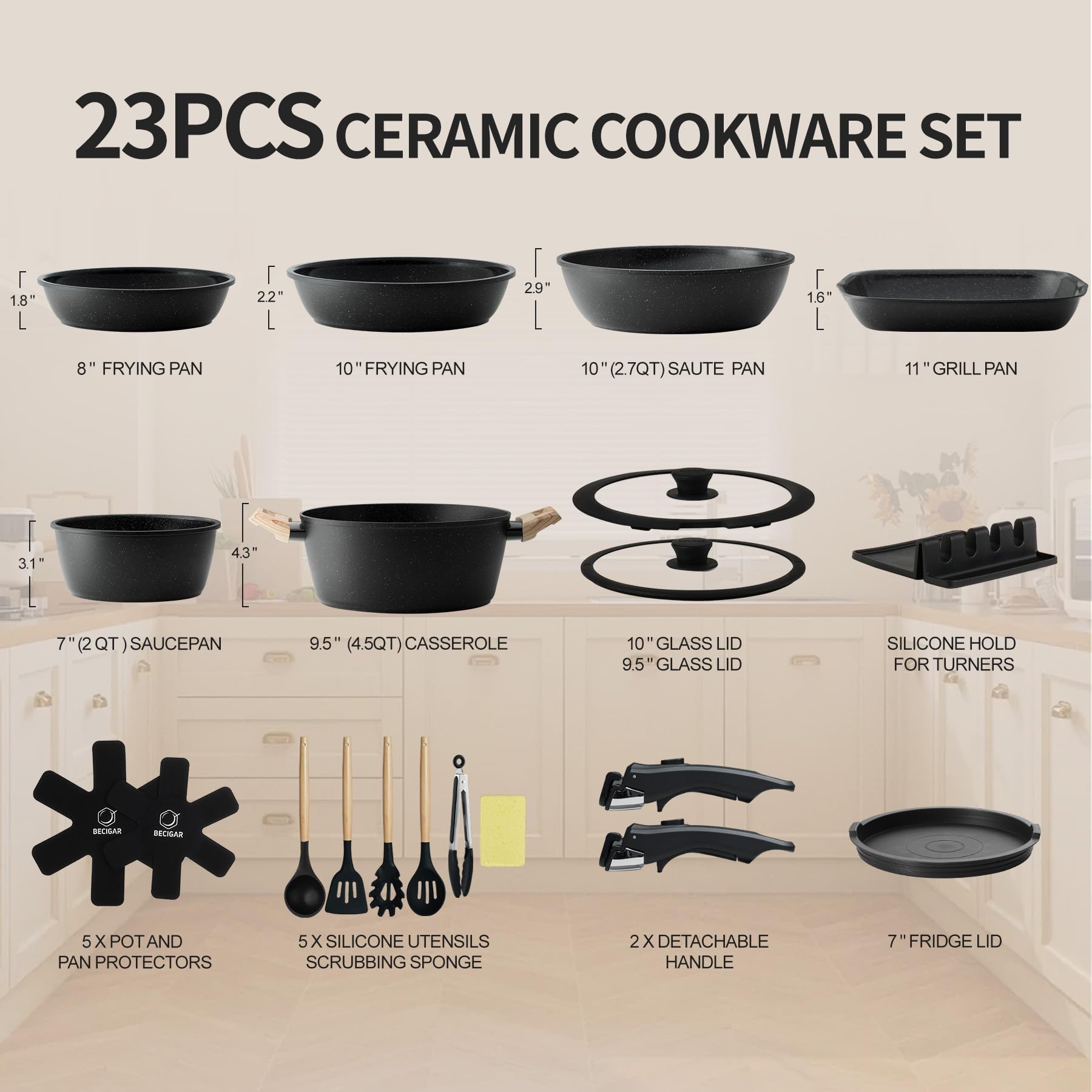 BECIGAR 23pcs Ceramic Pots and Pans Set, Nonstick Detachable Handle Cookware, Induction Kitchen Cooking Set with Removable Handle,include Frying Pans & Saucepans Oven Safe (Black)