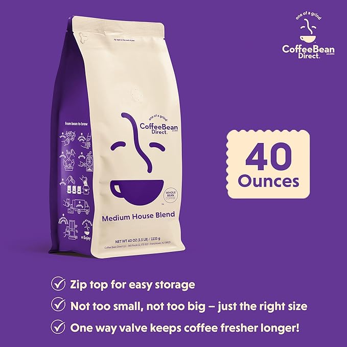 Coffee Bean Direct Medium House Blend, Whole Bean, 2.5lb Bag