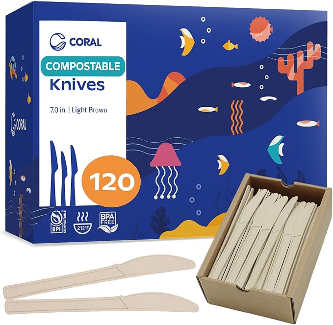 CORAL Light Brown Compostable Knives - 120 Heavy Duty No Plastic Knives (7.0 inch) - Break Resistant with Smooth Edges, Ocean Friendly Alternative to Plastic Silverware - Biodegradable & Disposable