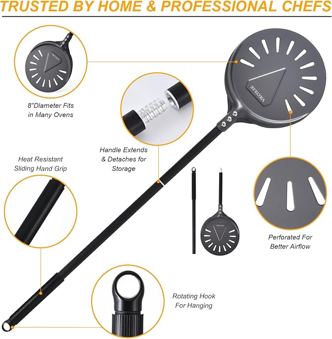 VIKCOLEE Turning Pizza Peel, 8 Inch with 25 Inch Handle Round Pizza Turning Peel, Professional Anodized Aluminum Turning Pizza Spatula, 33 Inch overall