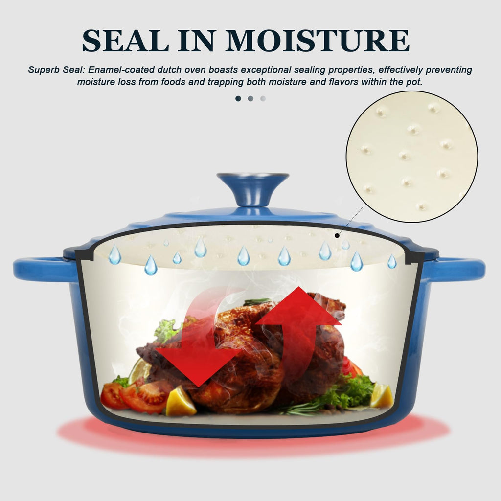 Overmont Enameled Cast Iron Dutch Oven - 7QT Pot with Lid Cookbook & Cotton Potholders - Heavy-Duty Cookware for Braising, Stews, Roasting, Sourdough Baking blue