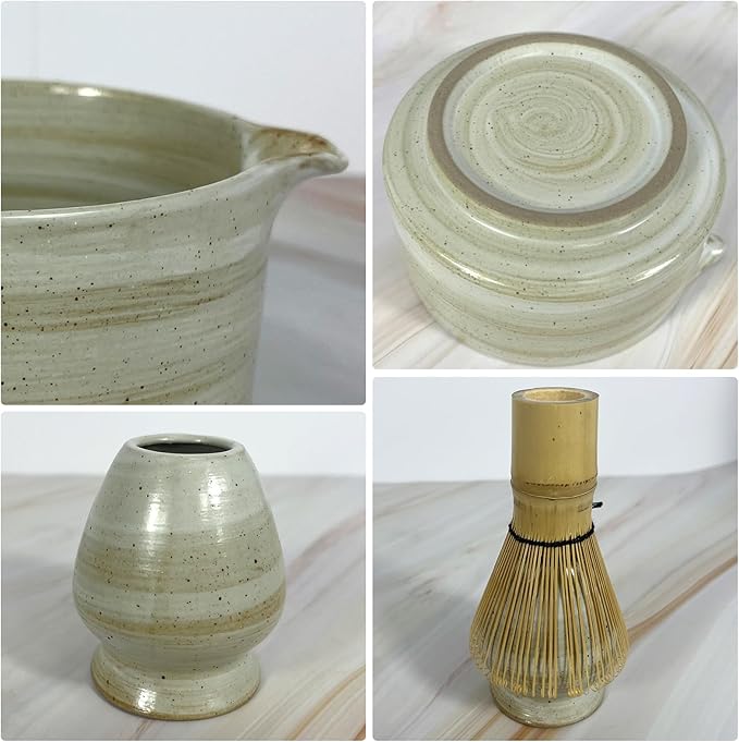 GEXHSRGD Matcha Whisk Set 6 pc Kit - Traditional Japanese Chasen, Bamboo Whisk Holder, Ceramic Bowl with Spout, Sifter & 2 pc Spoons - matcha kit set, Gift for Matcha Tea Lovers(Gray)