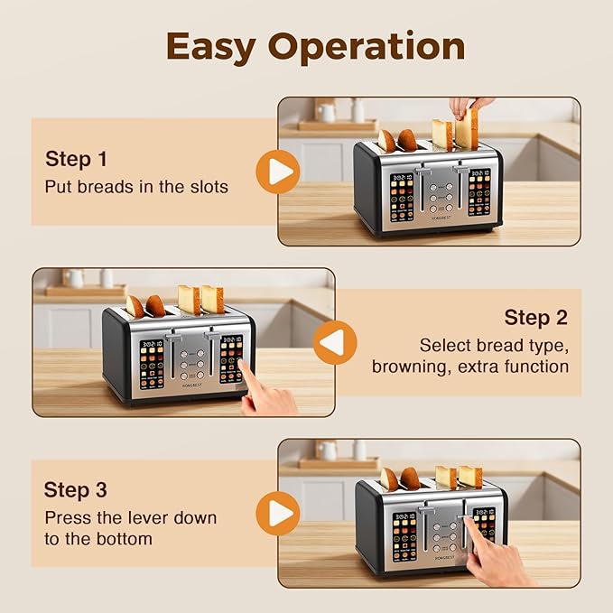 4 Slice Stainless Steel Toaster with 1.5" Wide Slots Digital Touchscreen, Even Toasting for Family Breakfast Bagel & Bread, Reheat & Defrost, Smart Touch Screen, Removable Crumb Tray, Matte Black