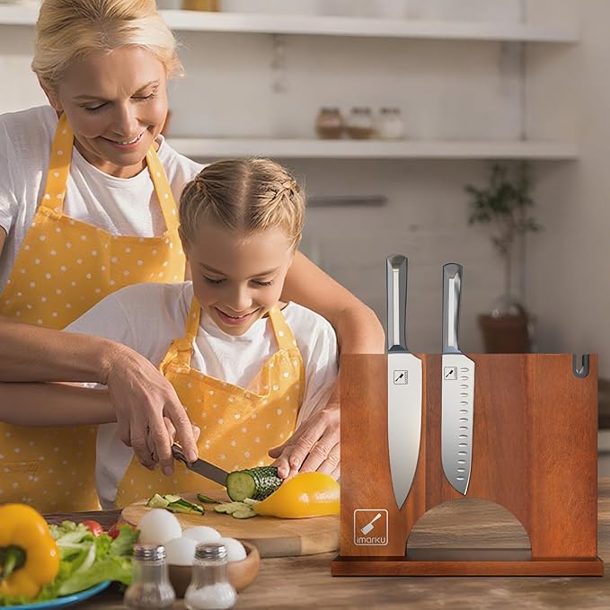 Imarku Magnetic Knife Block with Built-in Handle, Double Sided Acacia Wood Magnetic Knife Holder for Kitchen Counter, Magnetic Knife Storage Stand with Knife Sharpener, Easy to Clean & Move