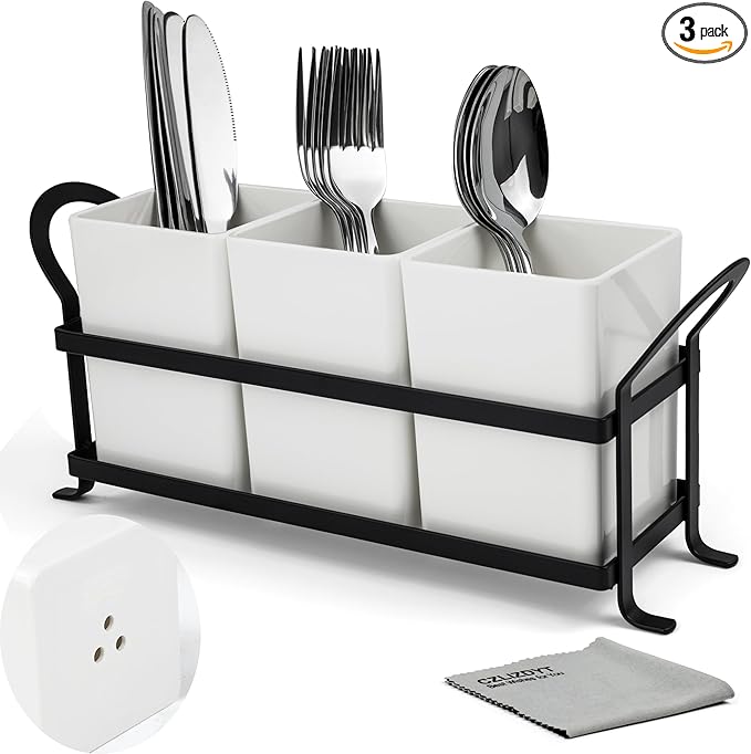 Czlizdyt Cutlery Holder with Drain Holes, Silverware Caddy for Party Countertop, 3pcs Bins Set Utensil Holders for Spoon and Fork, White