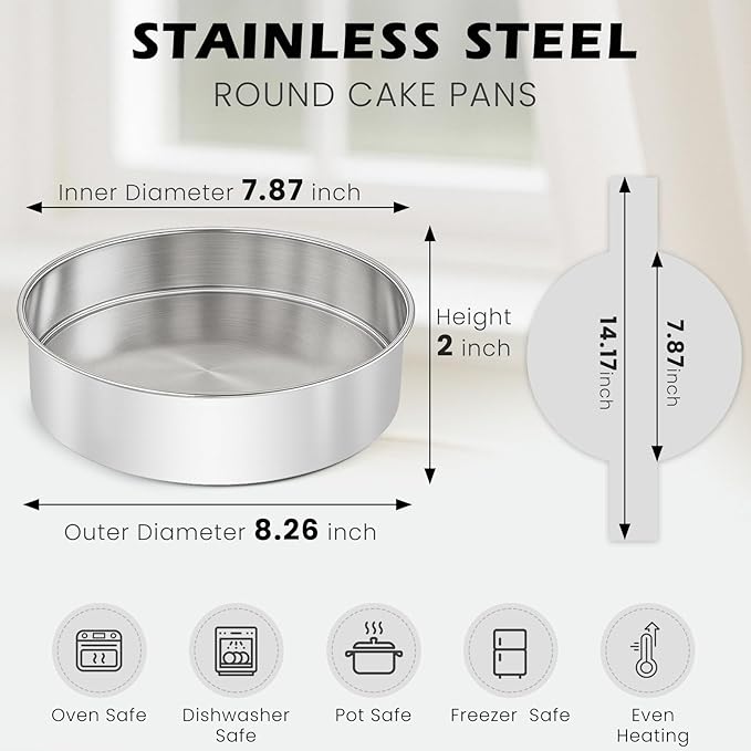 tutikuki 8 Inch Cake Pan - 3PCS Stainless Steel Round Layer Cake Baking Pans with 100 PCS Parchment Paper, Round Bakeware for Party Birthday Wedding, Mirror Finish & Dishwasher Safe