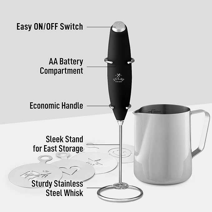 Zulay Premium Gift Milk Frother Set – Handheld Coffee Frother with Stand, 12oz/350ml Frothing Pitcher + 4 Latte Art Stencils – 13,000 RPM Motor, SS Whisk, Battery Operated – Barista Kit (Black)