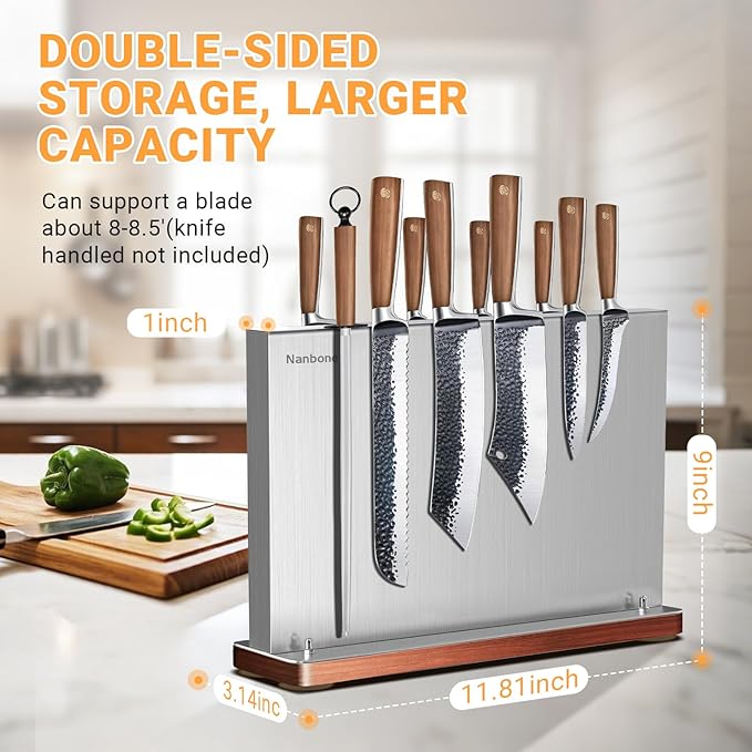 Magnetic Knife Block Stand Without Knives Double Sided Magnetic Knife Holder Rack for Kitchen Counter Stainless Steel Knife Magnetic Strip Display Stand Storage Organizer with Wood Base