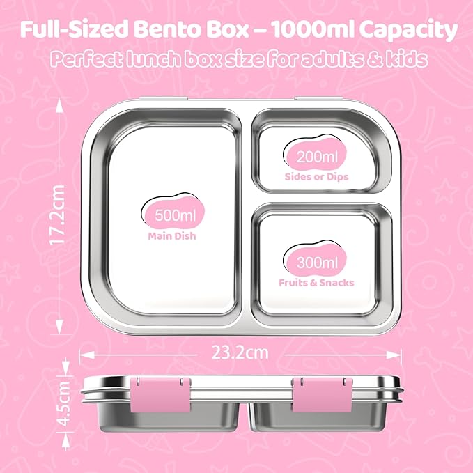 TOURPOR Stainless Steel Bento Box for Kids 1000ml - 3 Compartment Lunch Box for Adults, Leakproof Food Container, BPA-Free Metal Lunch Box with Silicone Seal, Eco-Friendly/Dishwasher Safe (Pink)
