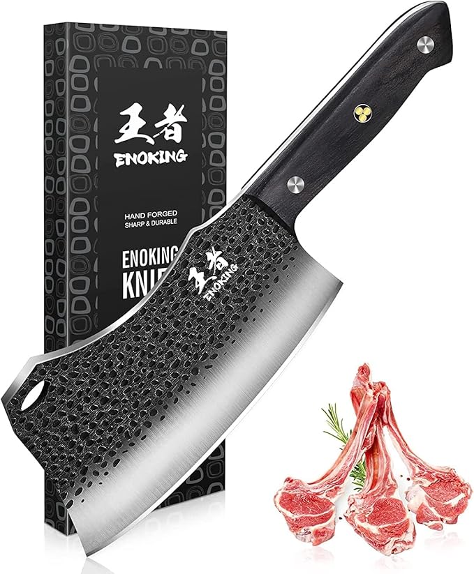 ENOKING 7.1″ Butcher Knife & Chef’s Knives – Hand Forged High Carbon Stainless Steel, Full Tang Meat Cleaver for Kitchen & Outdoor Meat Cutting