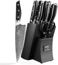 Damascus Knife Set with Block for Kitchen, VG10 Steel Chef Knife Set with Triple-Rivet Handles, Knife Sharpener, Natural Ash Wooden Knife Block, 10PCS