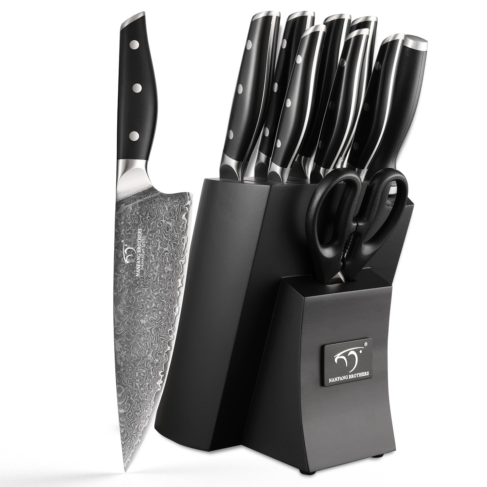 Damascus Knife Set with Block for Kitchen, VG10 Steel Chef Knife Set with Triple-Rivet Handles, Knife Sharpener, Natural Ash Wooden Knife Block, 10PCS